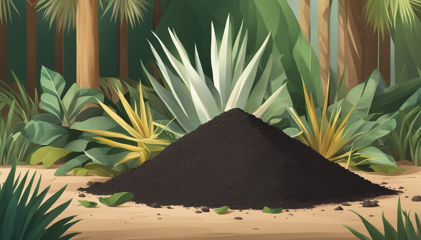 A pile of compost with yucca leaves mixed in, surrounded by a variety of organic materials and a shovel