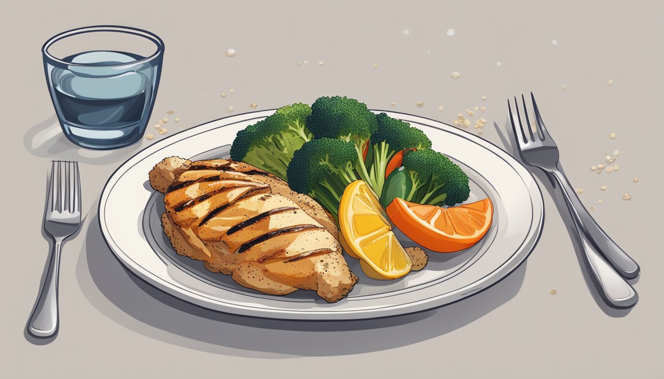 A plate with grilled chicken, steamed vegetables, and a side of quinoa. Fruits and a glass of water on the side