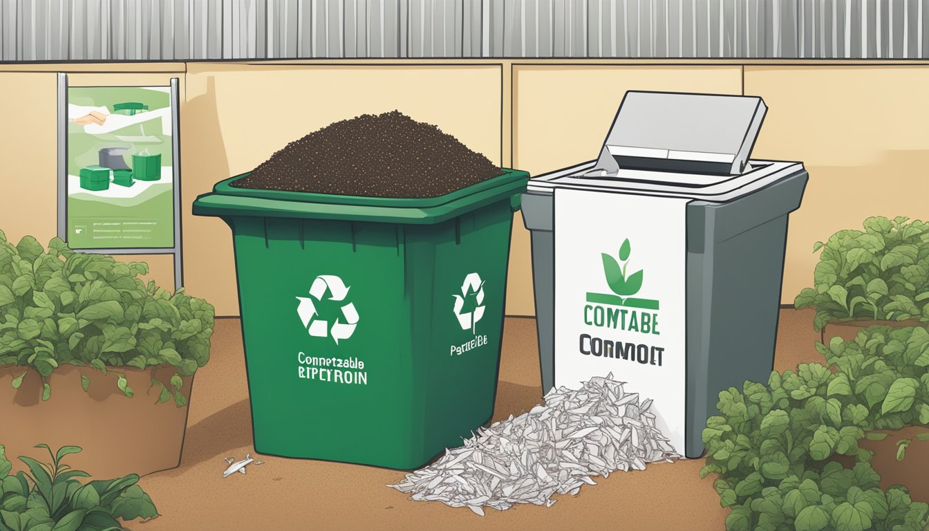 A person placing Xerox paper into a compost bin alongside other organic materials, with a sign indicating that the paper is compostable