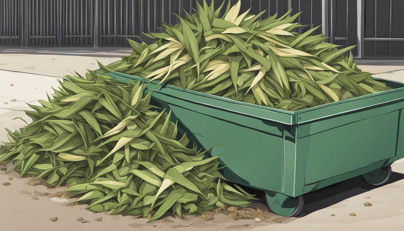 A pile of yucca leaves arranged in a compost bin, surrounded by other organic waste