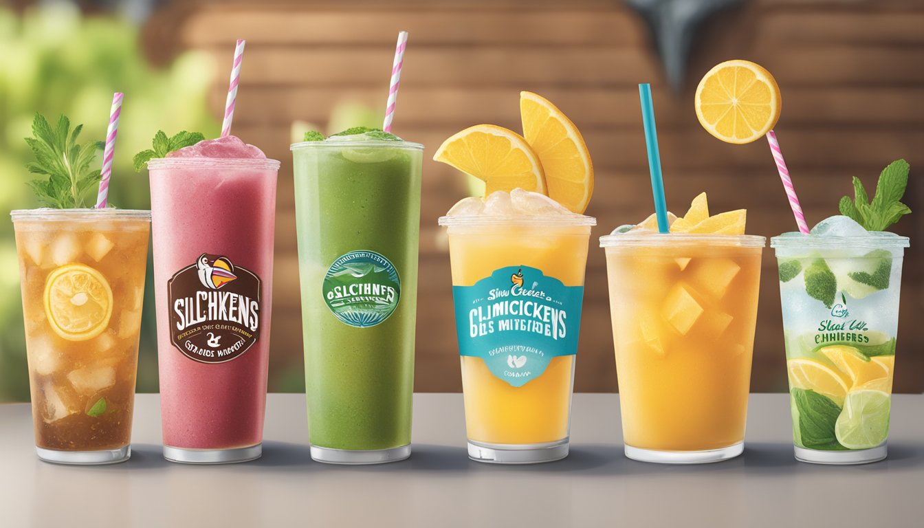 A variety of healthy beverage options displayed at Slim Chickens, including smoothies, iced tea, and flavored water