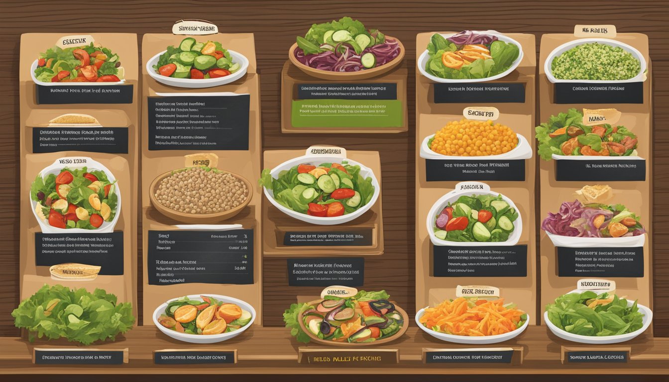 A colorful array of fresh salads, grilled vegetables, lean proteins, and whole grain options displayed on a menu board at Miller's Ale House