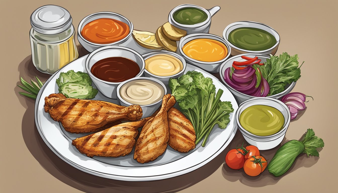 A variety of colorful dipping sauces and condiments arranged next to a plate of grilled chicken and fresh vegetables