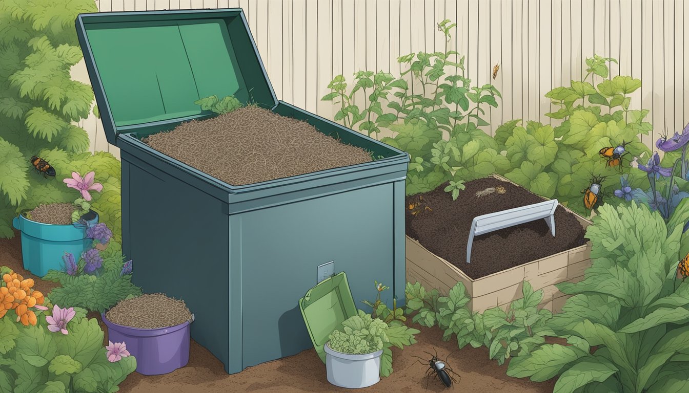 A backyard compost bin filled with shredded Xerox paper, surrounded by thriving plants and a diverse array of insects and microorganisms