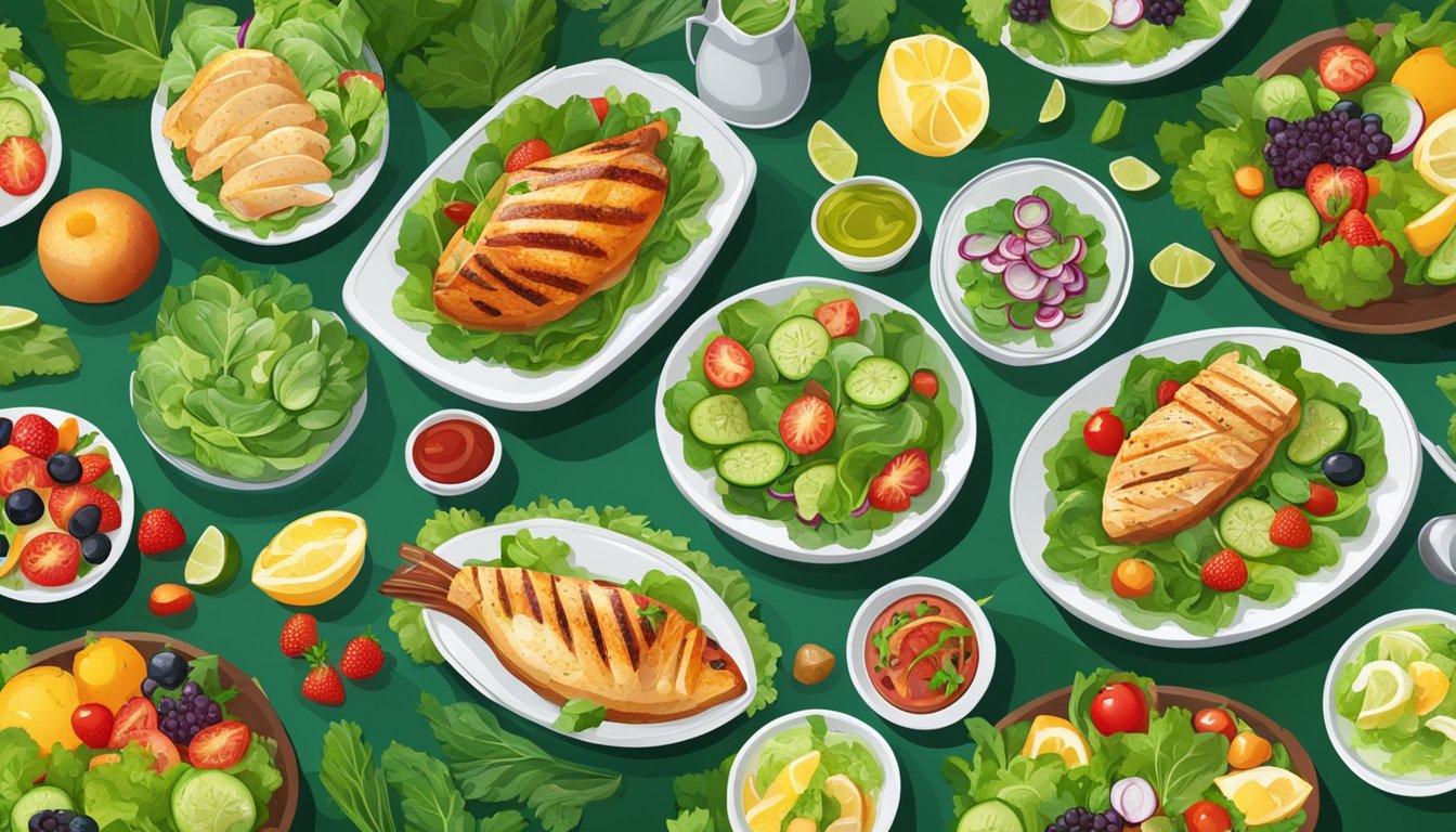 A table set with a variety of fresh salads, grilled chicken, and fish dishes, surrounded by vibrant green vegetables and colorful fruits