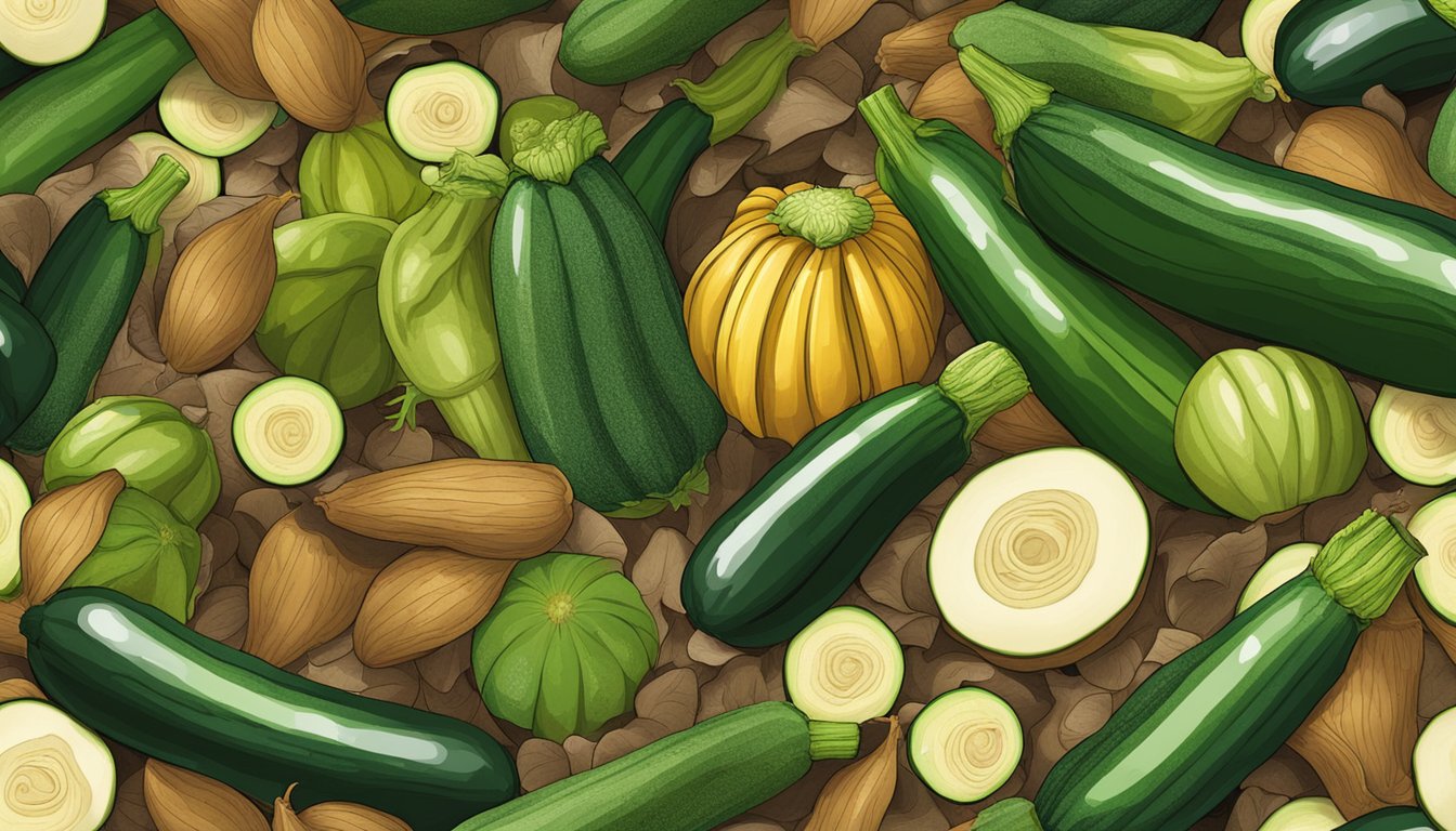 Zucchini ends tossed into a compost bin surrounded by other organic waste, with a mix of green and brown materials