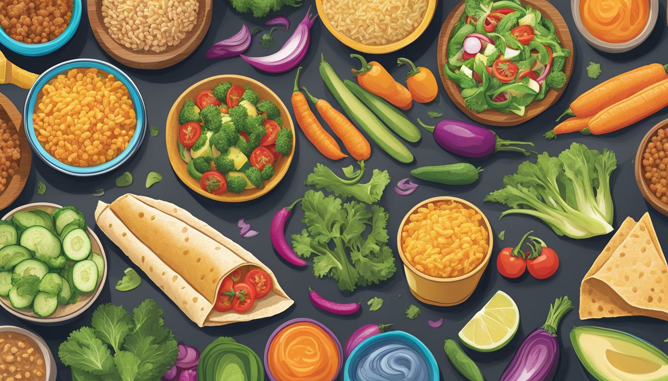 A colorful array of fresh vegetables, lean proteins, and whole grain options displayed on a vibrant menu board at Taco Cabana