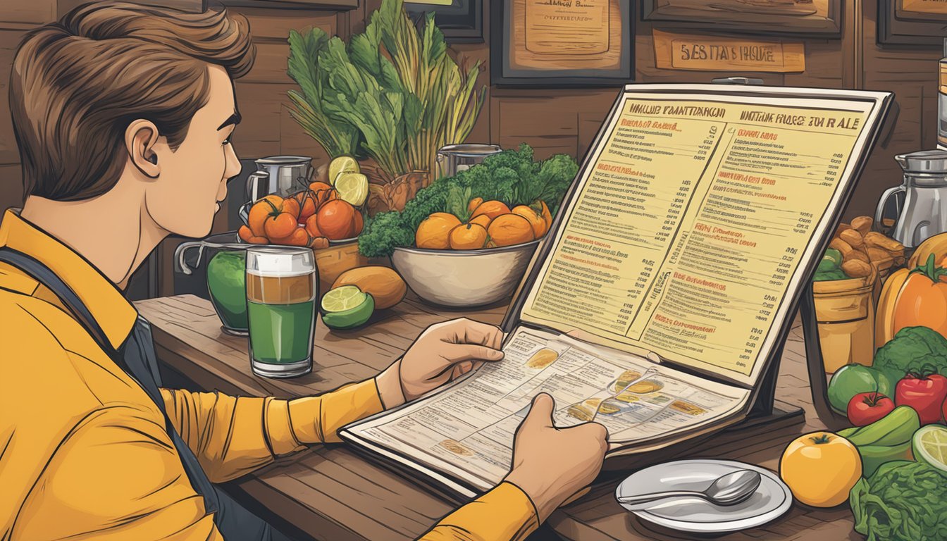 A person examining a menu with nutritional information at Miller's Ale House, surrounded by healthy food options