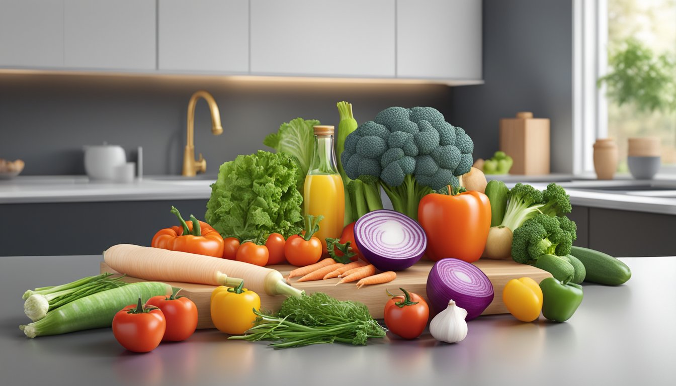 A colorful array of fresh vegetables and lean proteins on a clean, modern countertop