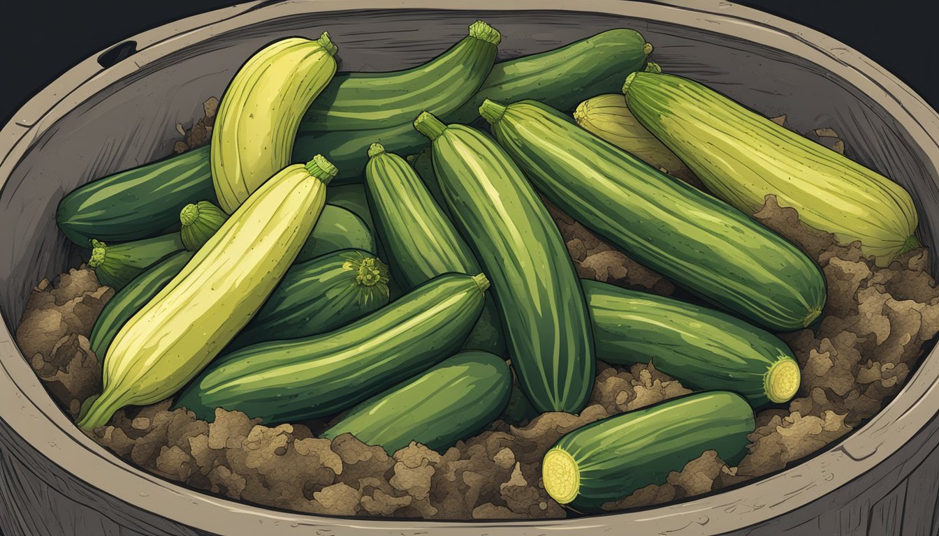 A pile of zucchini ends surrounded by decomposing organic matter in a backyard compost bin