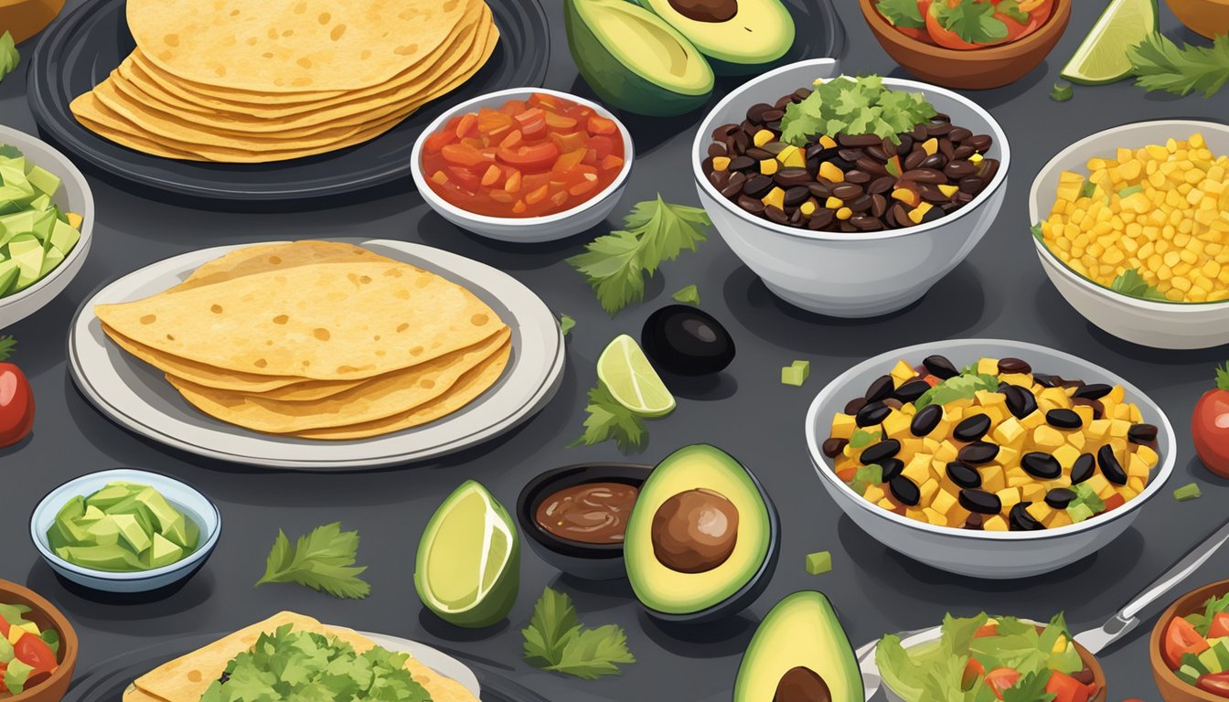 A colorful spread of fresh ingredients including grilled chicken, black beans, avocado, and salsa arranged around a plate of soft corn tortillas