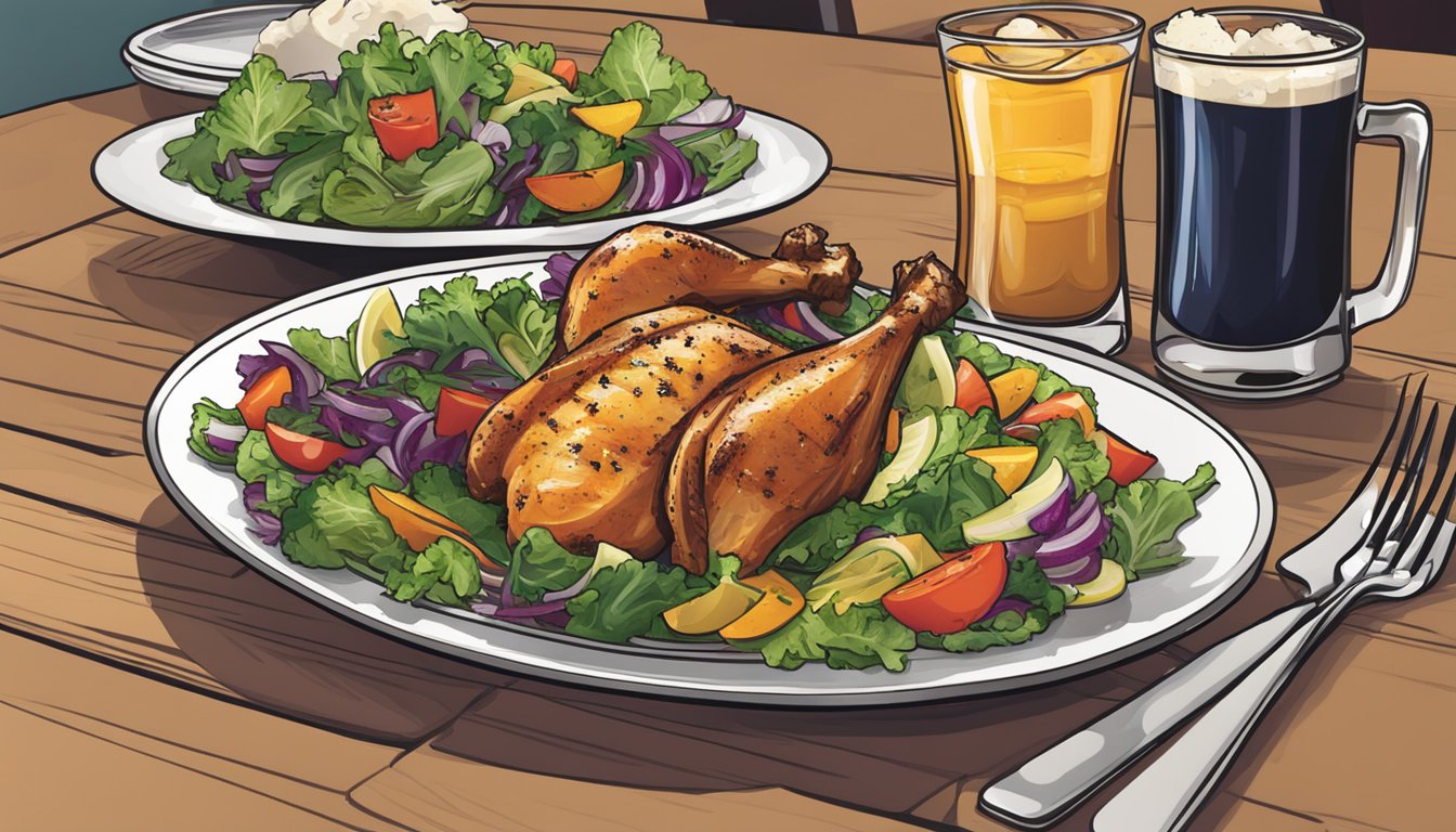 A table set with grilled chicken, steamed vegetables, and a colorful salad at Miller's Ale House