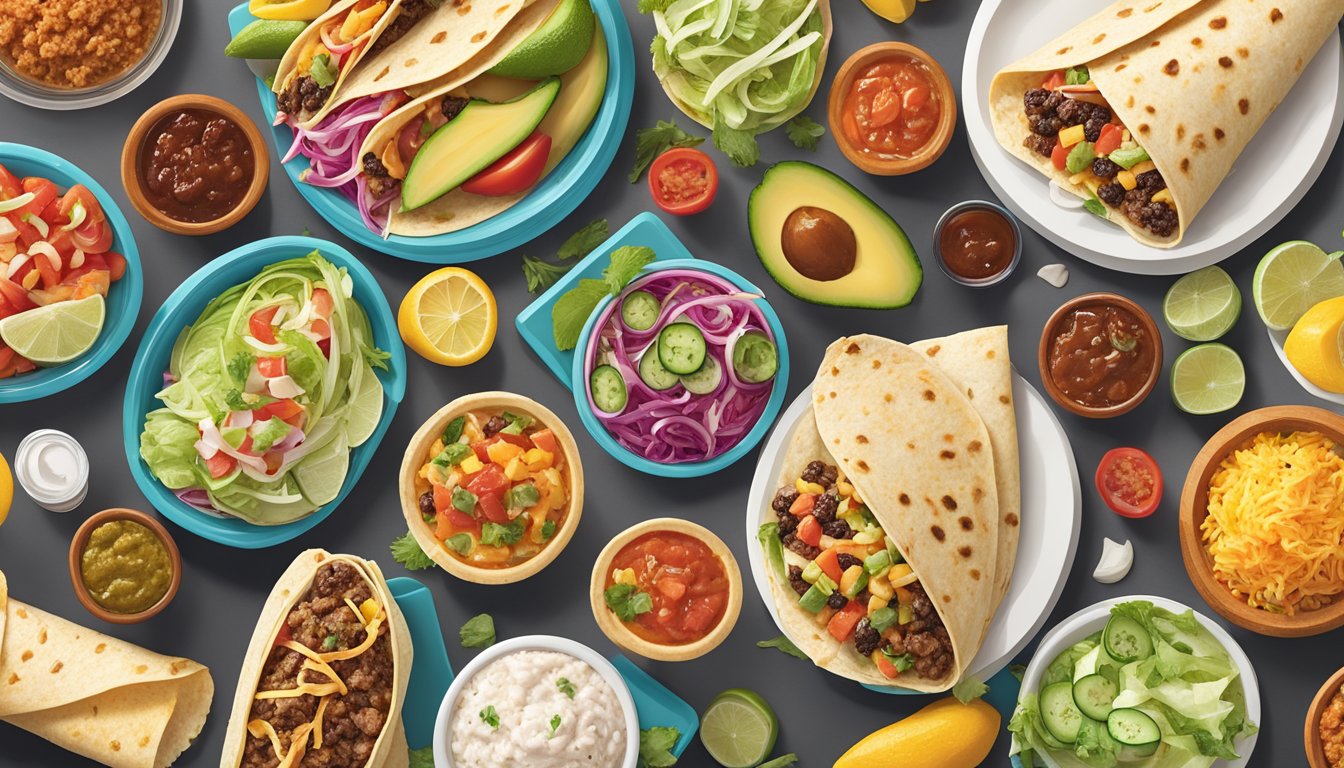 A colorful array of fresh ingredients and savory fillings spread out on a table, showcasing the nutritious burrito selections at Taco Cabana