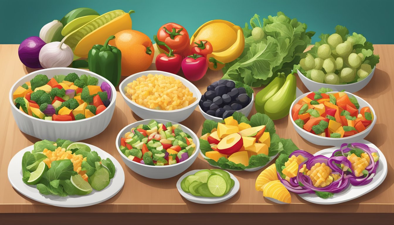 A colorful array of fresh vegetables and fruits arranged on a clean, modern table with a variety of healthy side options from Taco Cabana