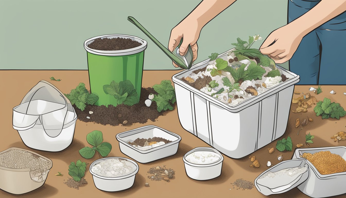 A person placing a clean, empty yogurt container into a compost bin surrounded by various organic waste materials