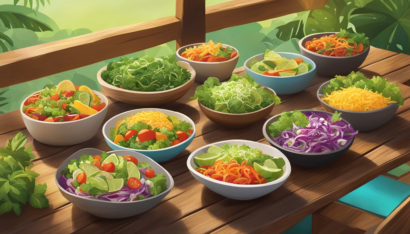 A colorful array of fresh salads and vibrant bowls displayed on a rustic wooden table at a Taco Cabana, surrounded by lush greenery