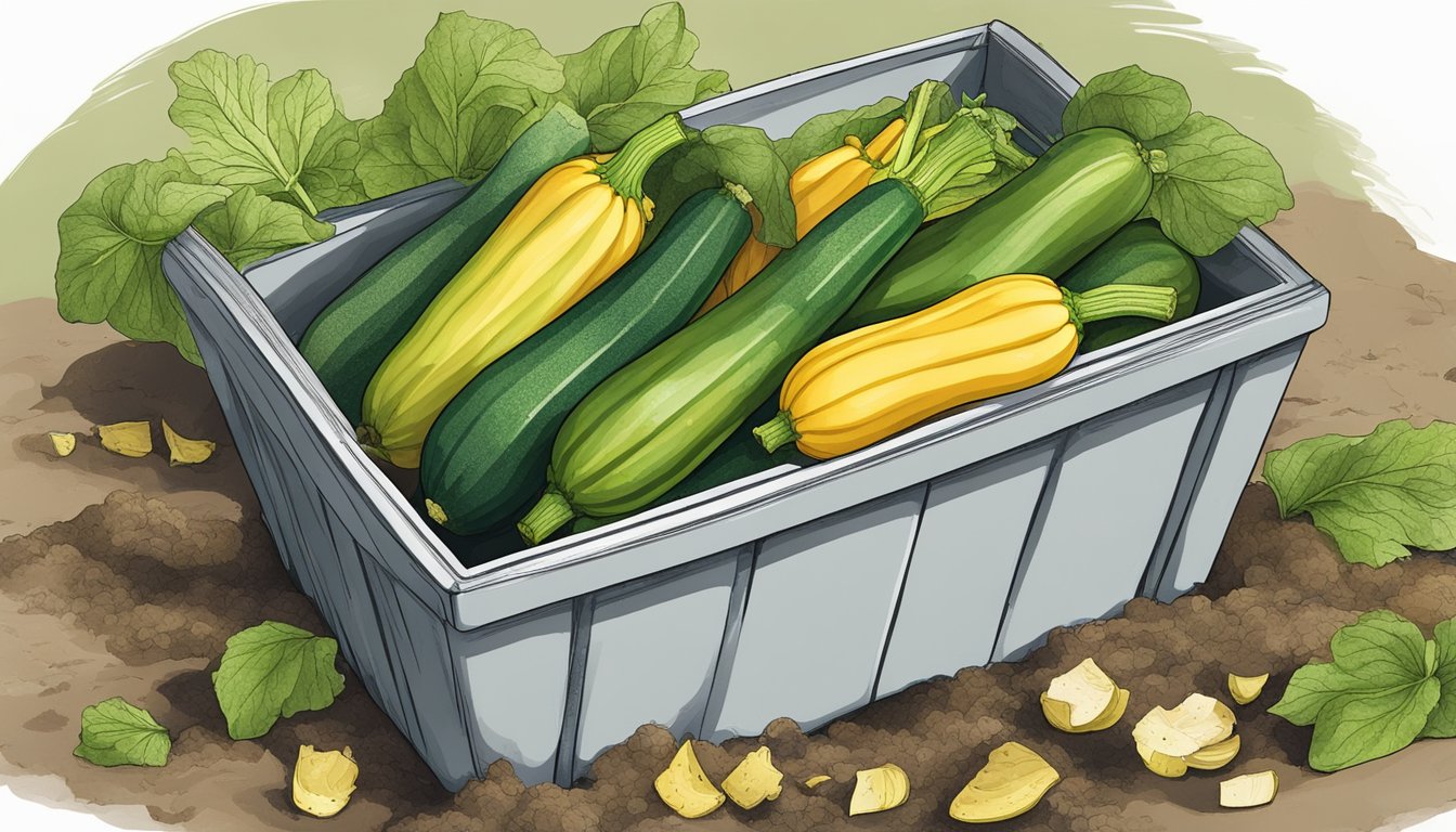 Zucchini ends placed in a compost bin with other organic waste