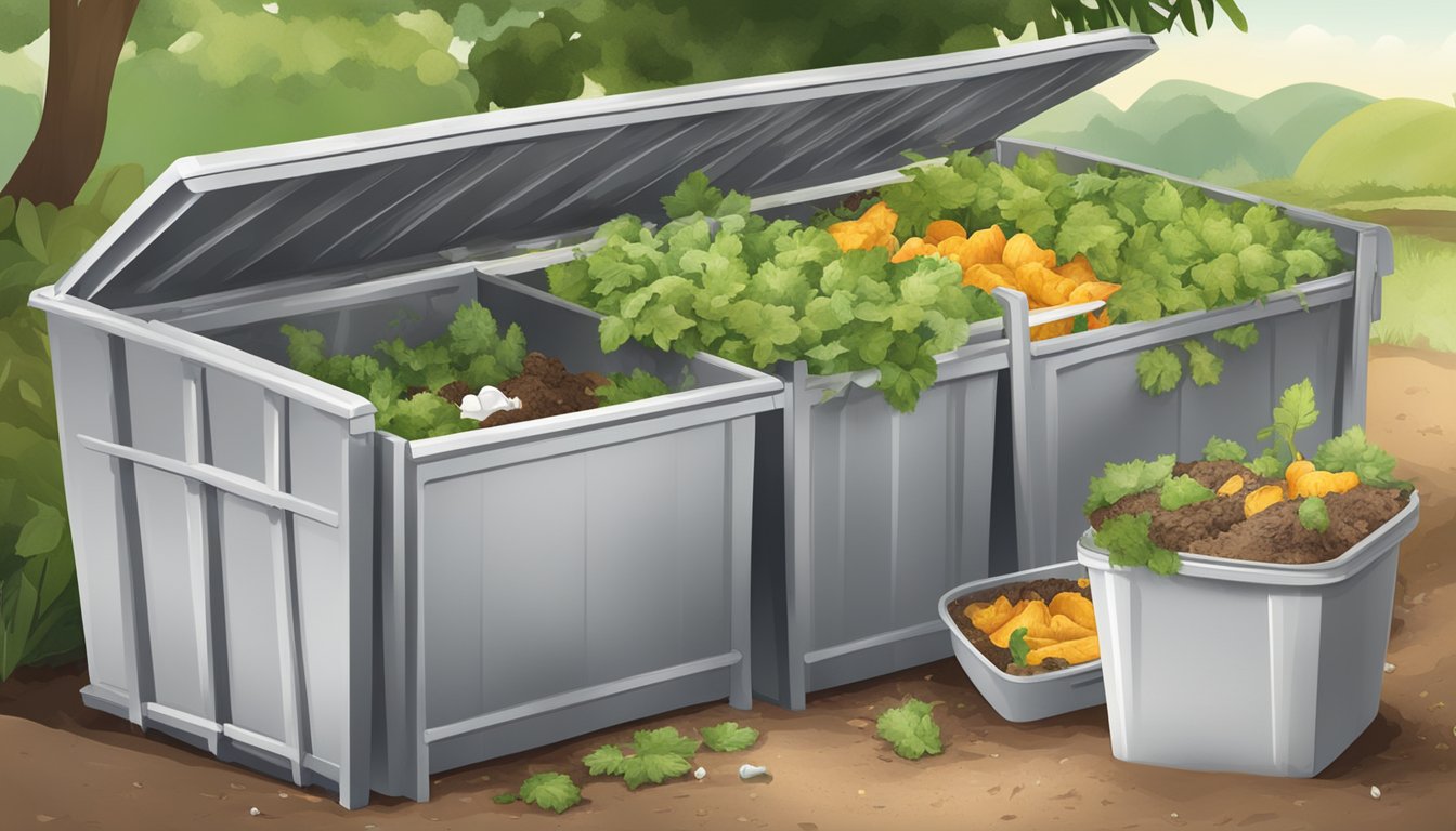 An open compost bin with yogurt containers and organic waste inside