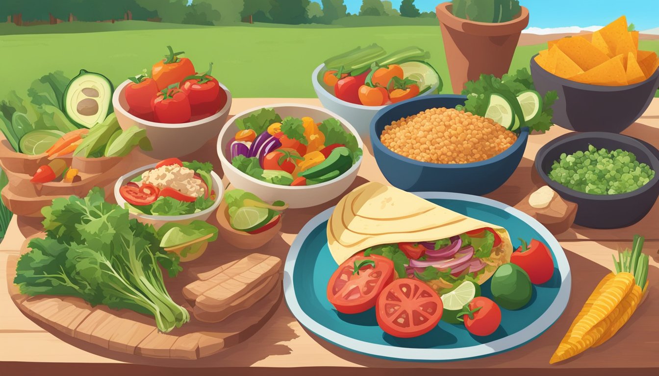 A colorful spread of fresh vegetables, lean meats, and whole grain tortillas on a vibrant outdoor table