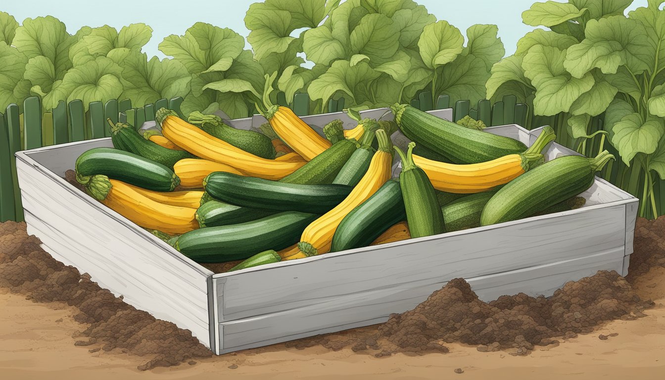 Zucchini ends being composted in a backyard bin, surrounded by other organic waste and earthworms