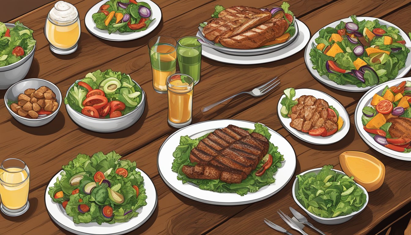 A table set with a variety of fresh salads, grilled vegetables, and lean meats at a Texas Roadhouse restaurant