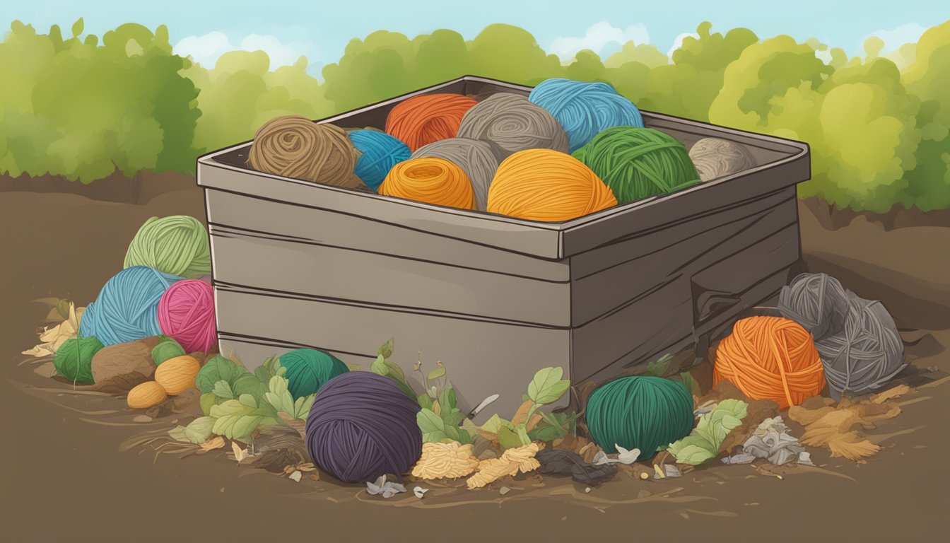 A compost bin filled with various types of yarn scraps surrounded by decomposing organic material