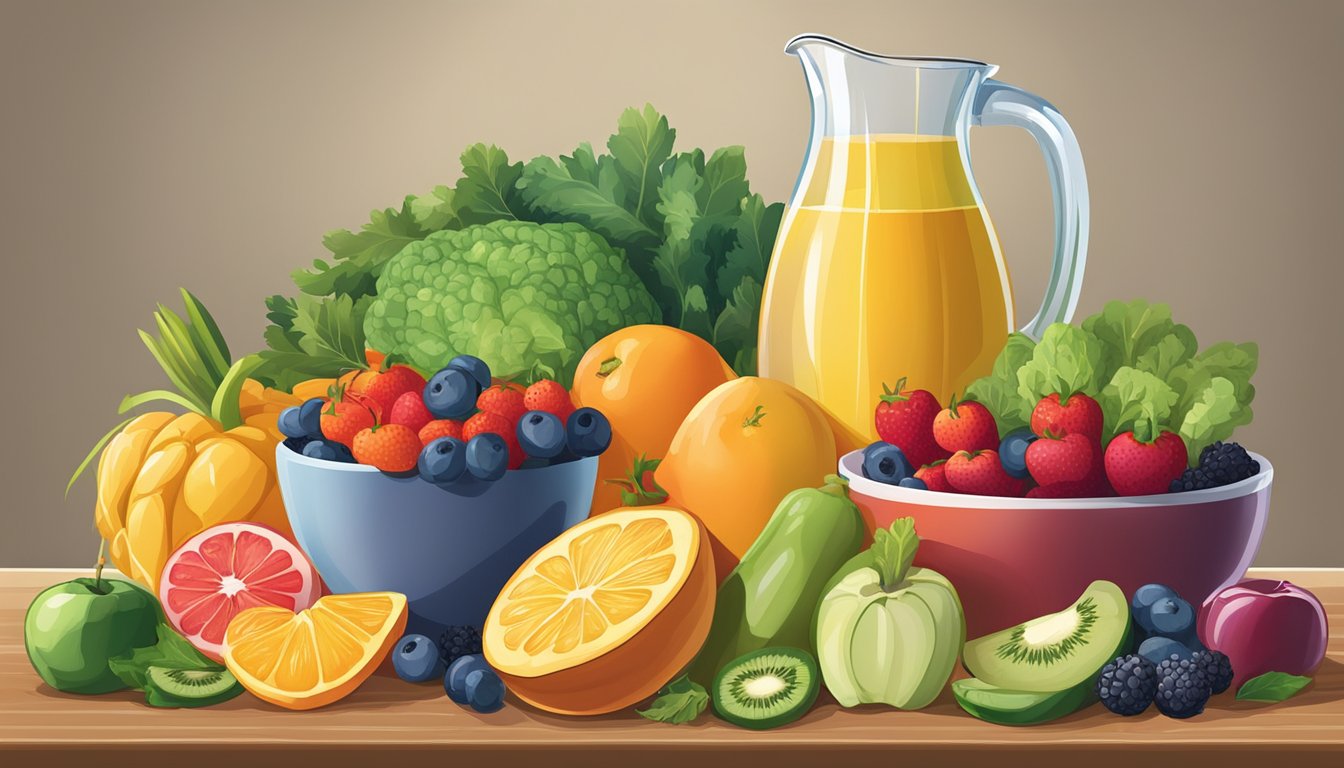 A colorful array of fresh fruits, vegetables, and whole grains arranged on a table, with a steaming pot of oatmeal and a pitcher of fresh juice