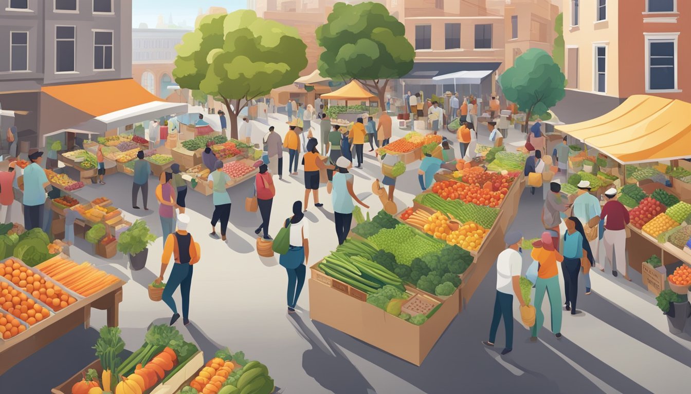 A bustling farmer's market with colorful fruits and vegetables displayed on tables, surrounded by people browsing and purchasing healthy food options