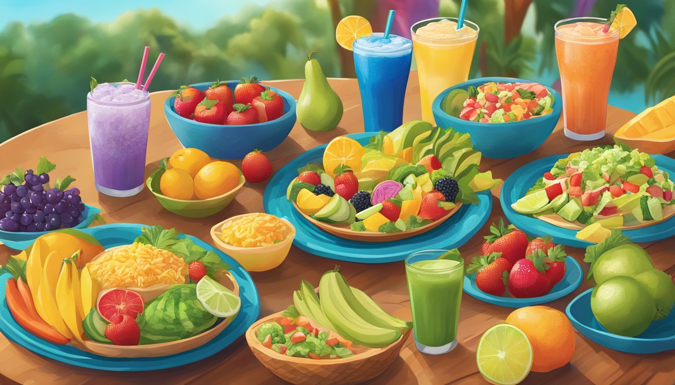 A colorful array of fresh fruits, vegetables, and beverages displayed on a vibrant table at a Taco Cabana, showcasing their healthy dining options