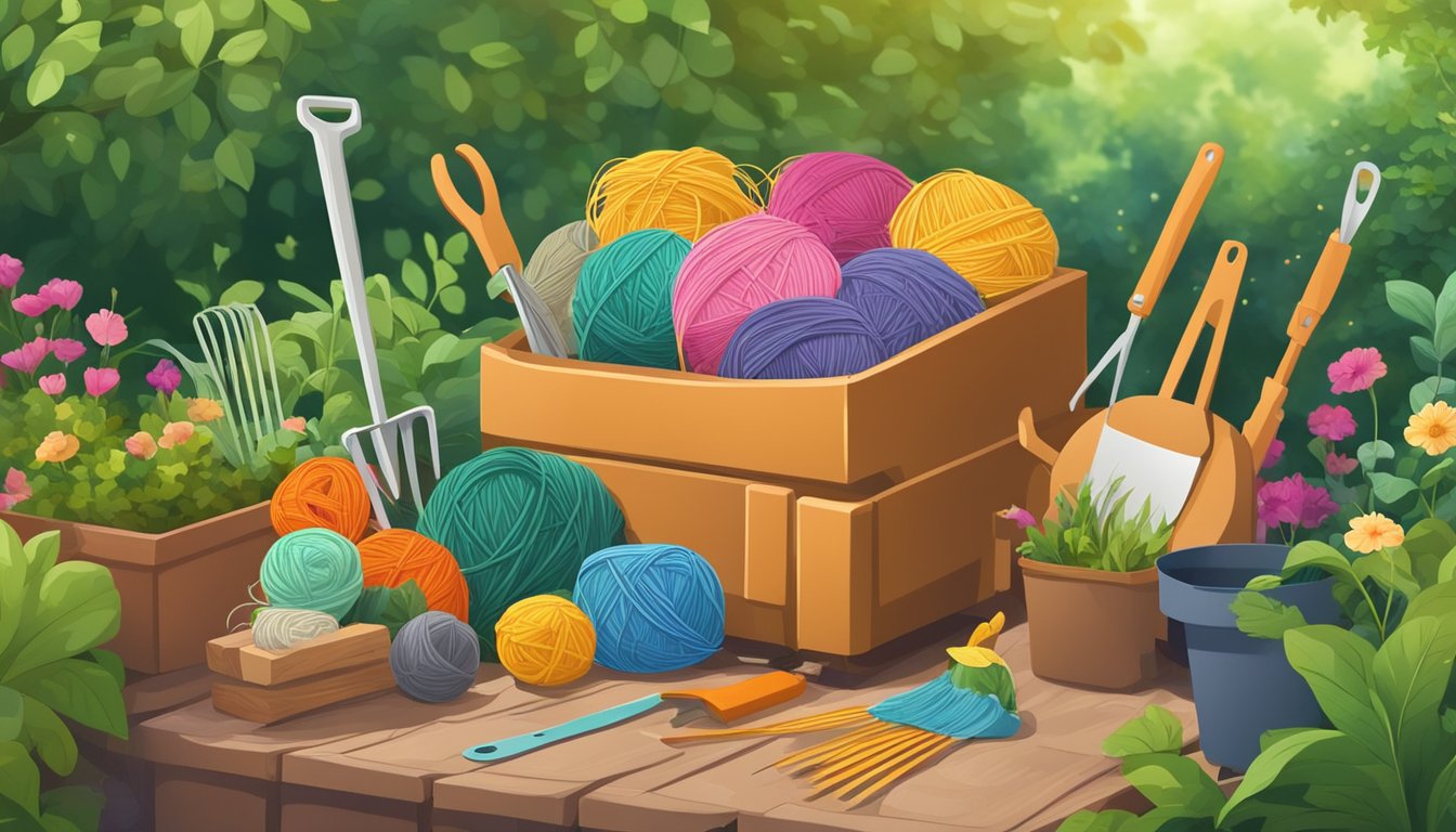 A pile of colorful yarn scraps being mixed with organic materials in a compost bin, surrounded by gardening tools and a lush garden backdrop