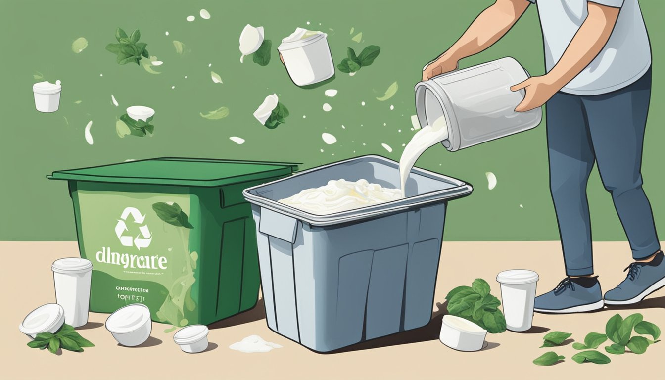 A person pours leftover yogurt into a compost bin, alongside empty yogurt containers and other biodegradable waste