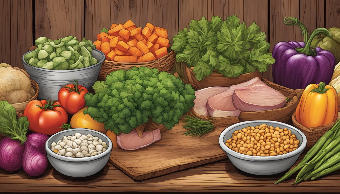 A colorful array of fresh vegetables and lean proteins displayed on a rustic wooden table at a Texas Roadhouse restaurant