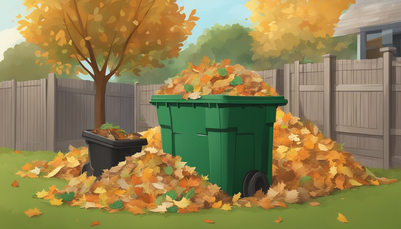 A pile of yarn scraps being added to a compost bin in a backyard garden. Fallen leaves and food scraps surround the bin, indicating a focus on waste management and environmental impact