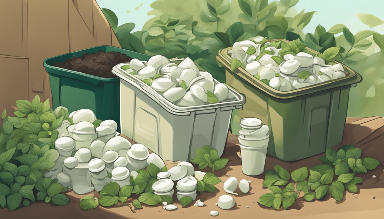 A pile of empty yogurt containers being placed into a compost bin alongside other organic waste, with greenery and earthy tones in the background