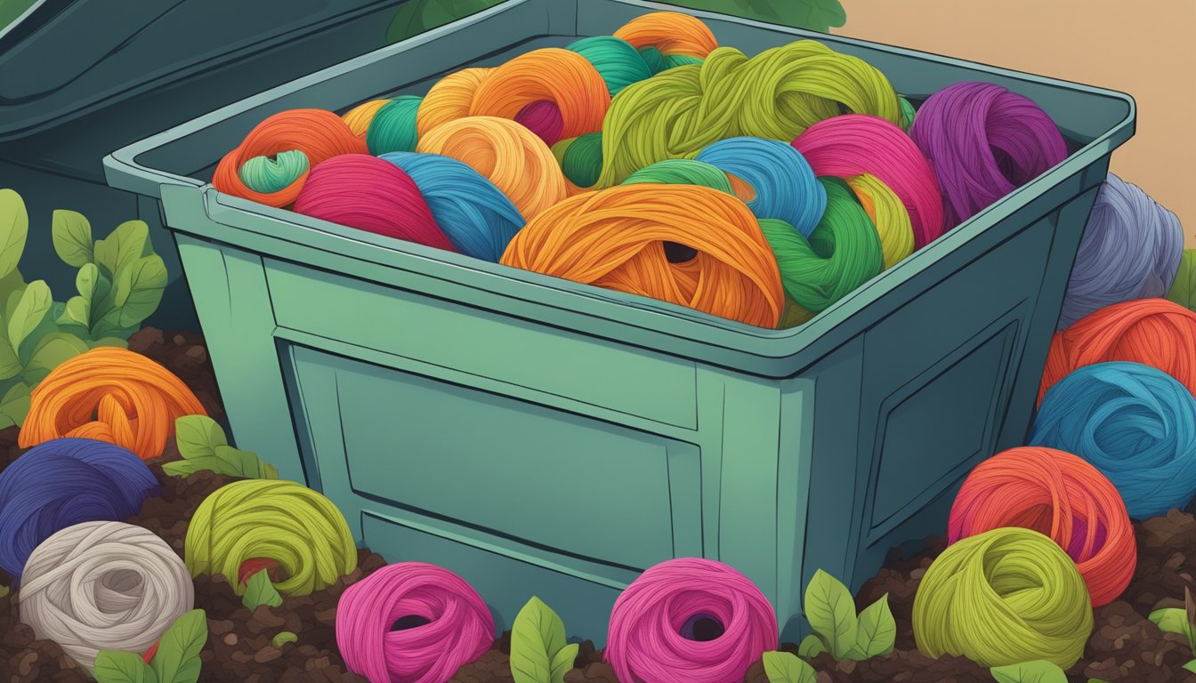 A pile of colorful yarn scraps arranged in a compost bin, surrounded by greenery and earthworms