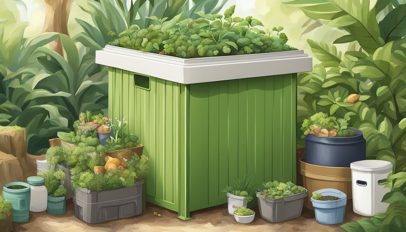 A compost bin filled with yogurt containers surrounded by thriving plants and animals