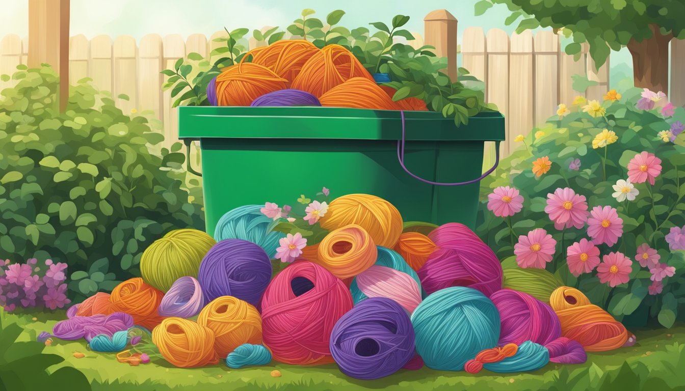 A pile of colorful yarn scraps scattered around a compost bin in a garden setting, with green plants and flowers in the background