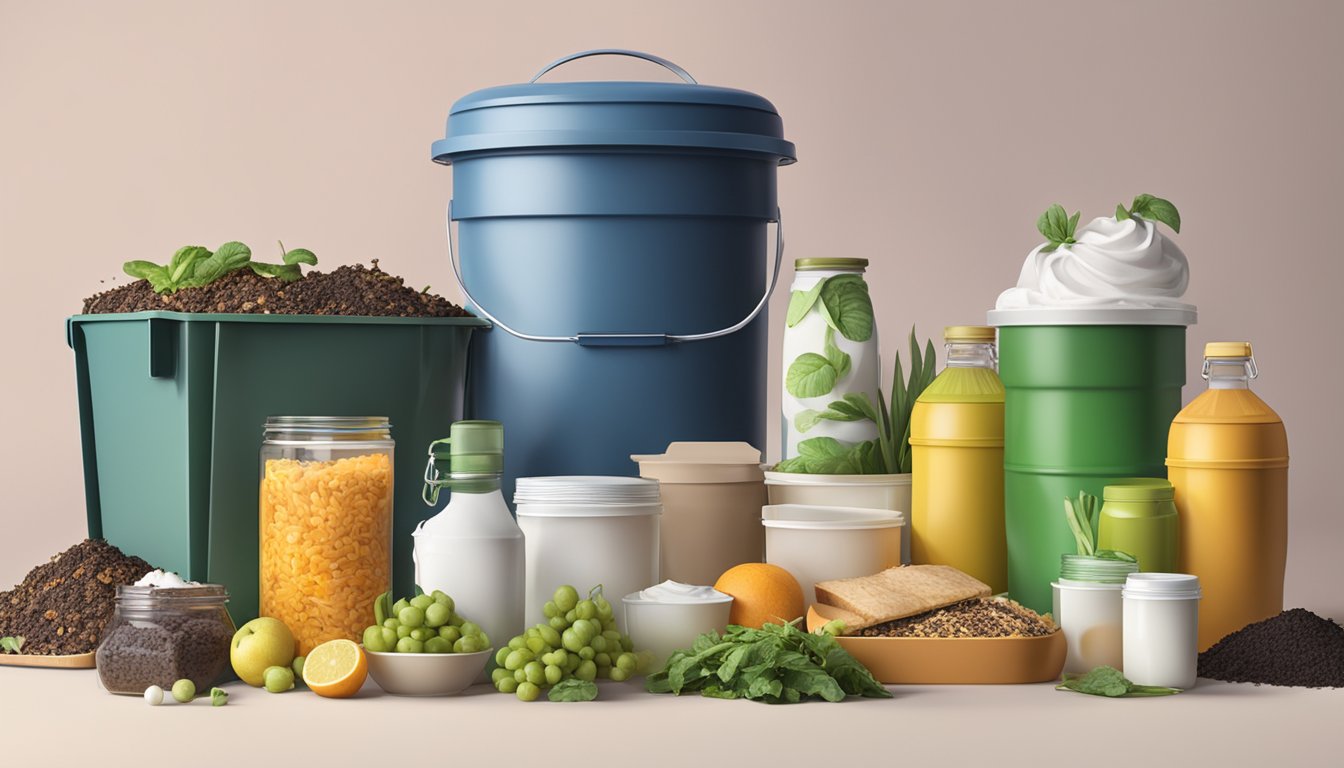 A compost bin surrounded by various food and drink containers, including a yogurt container