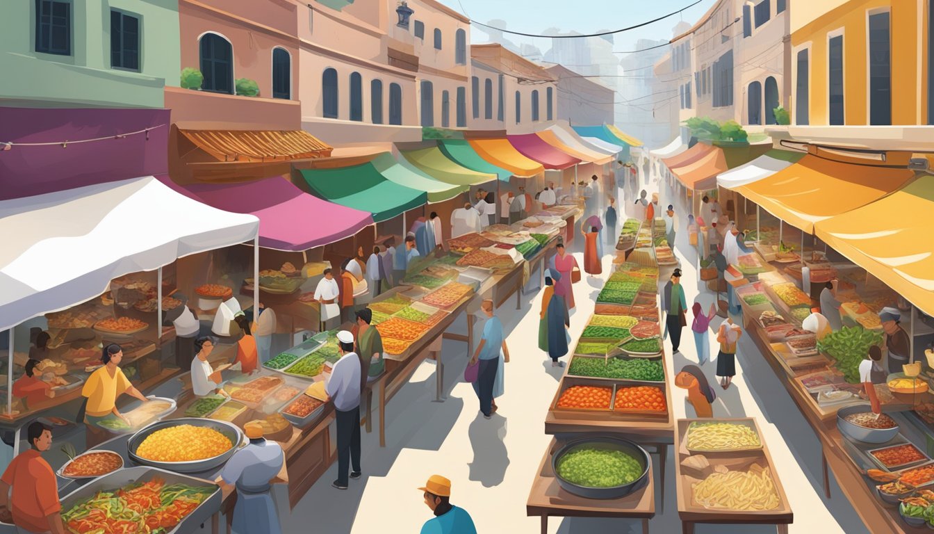 A bustling street market filled with colorful stalls offering a diverse array of global cuisines, from vibrant Mediterranean salads to fragrant Asian stir-fries