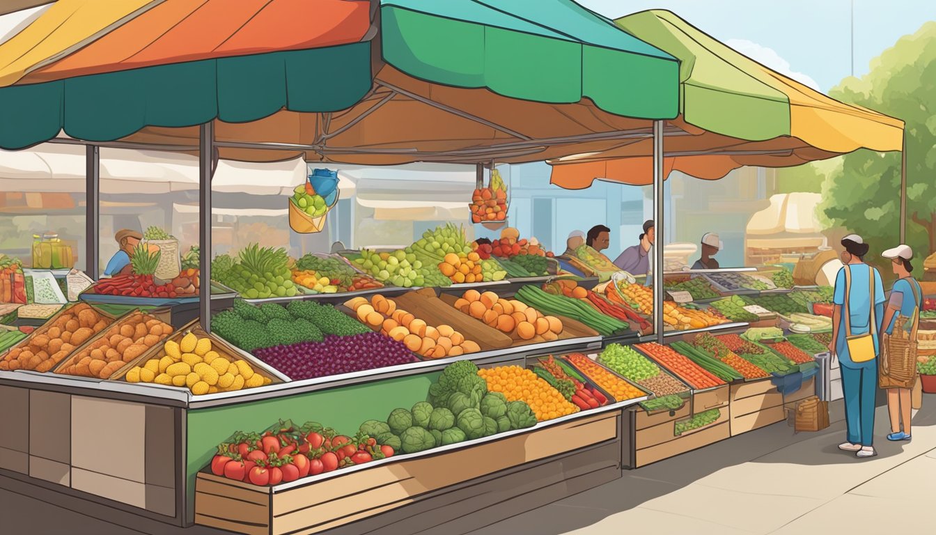 A variety of fresh fruits, vegetables, and whole grains displayed on a vibrant market stall. Nearby, a salad bar offers an array of colorful, nutritious toppings