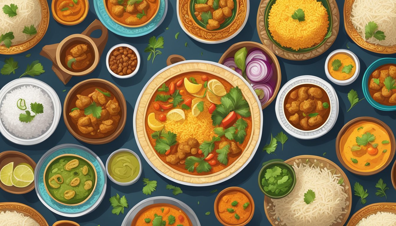 A colorful array of traditional Indian dishes, including vibrant curries, fragrant rice, and fresh vegetable dishes, displayed on a table with intricate patterns and textures