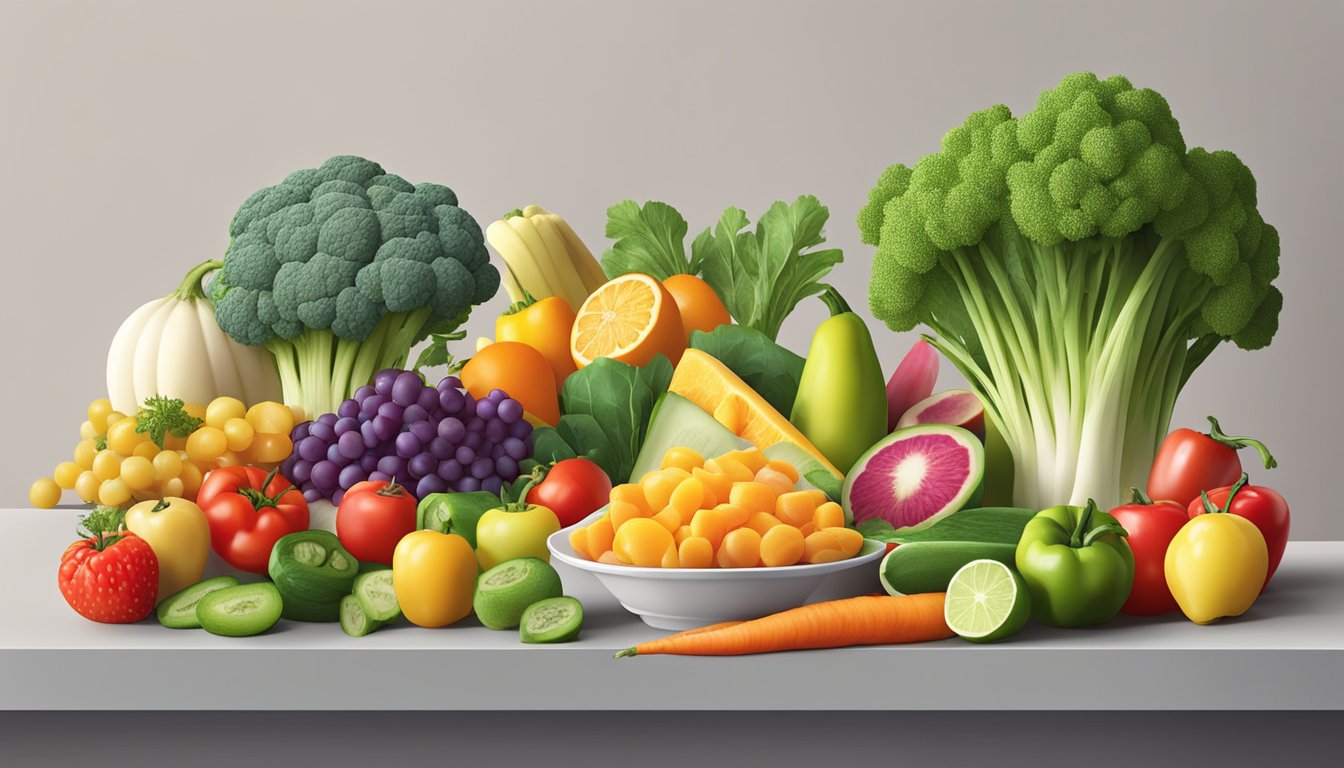 A colorful array of fresh vegetables, fruits, and lean proteins arranged on a modern, clean-cut table