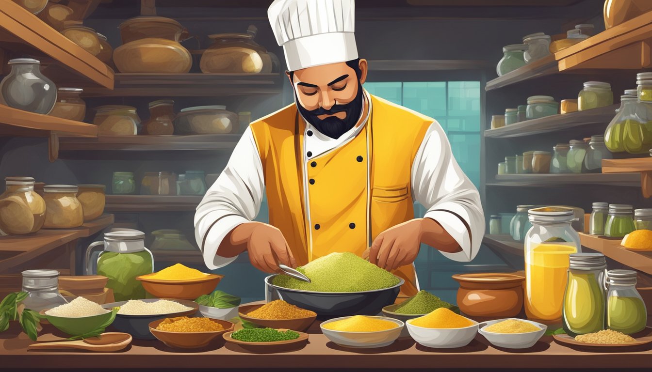 A chef in an Indian restaurant carefully selecting and using various healthy fats such as ghee, coconut oil, and mustard oil in traditional cooking methods