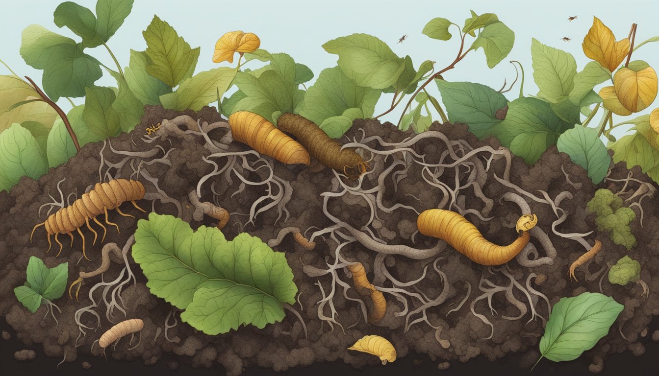 A pile of vine clippings surrounded by decomposing organic matter, with earthworms and microorganisms breaking down the material