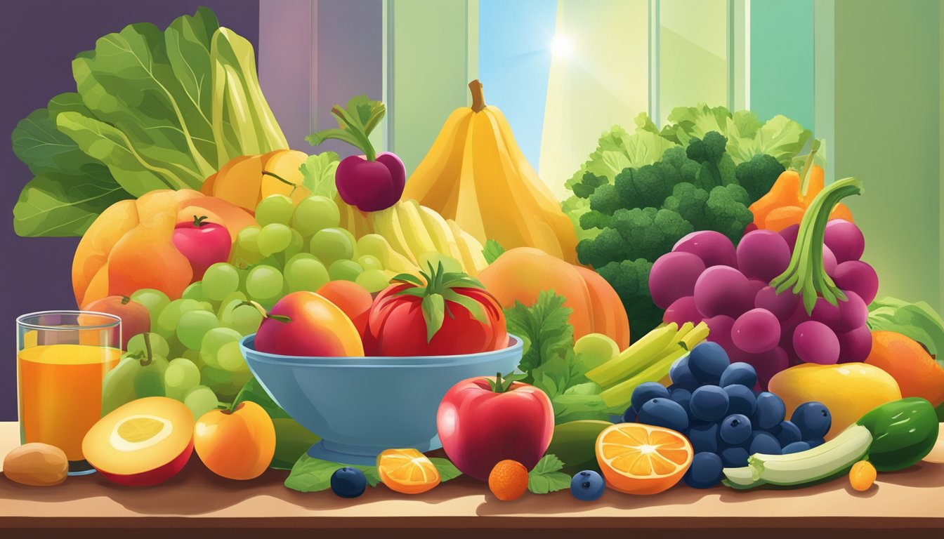 A colorful array of fruits, vegetables, and supplements arranged on a table, with a beam of sunlight highlighting their vibrant hues