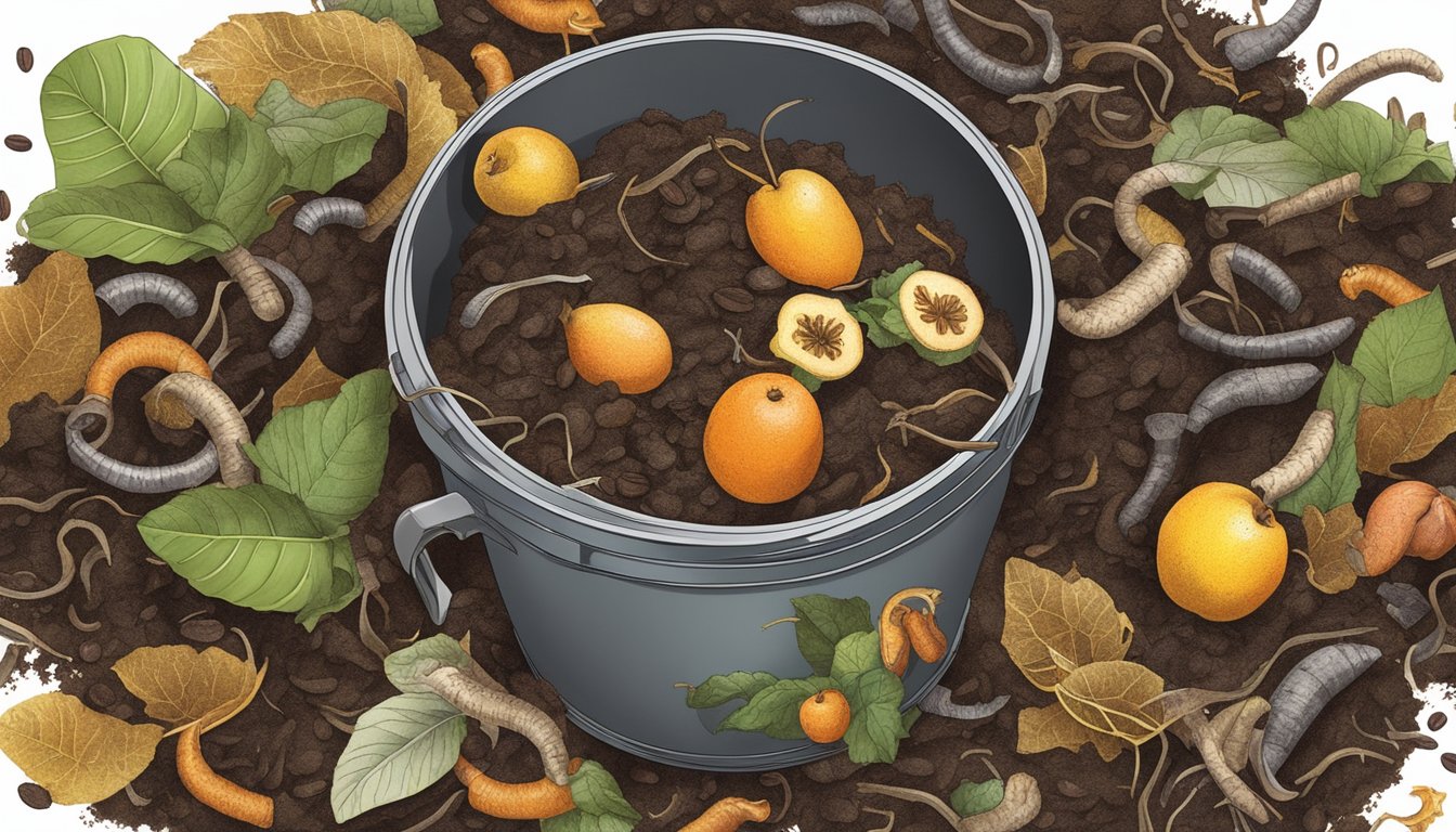 Vine clippings, fruit peels, and coffee grounds are piled in a compost bin, surrounded by earthworms and decomposing materials