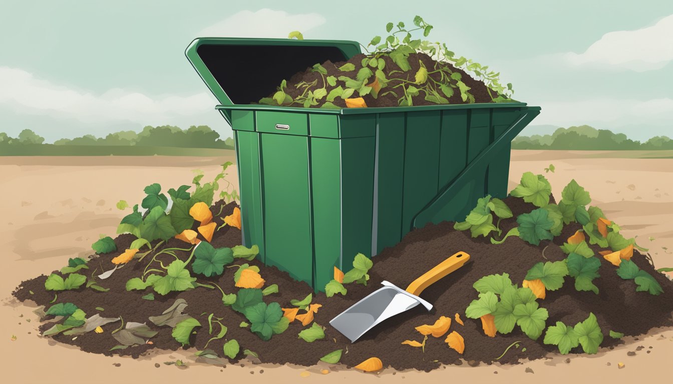 A pile of vine clippings being added to a compost bin surrounded by other organic waste and a shovel