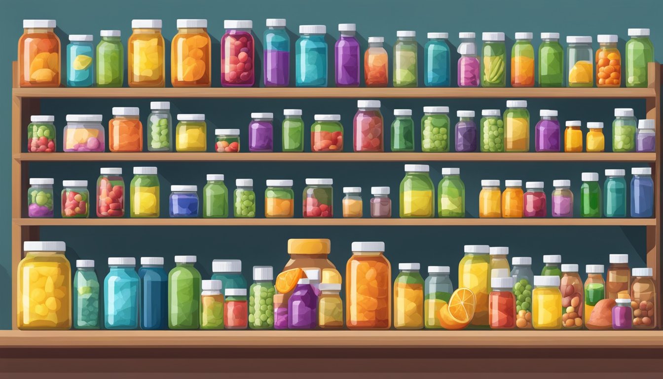 A colorful array of vitamin bottles and supplements arranged neatly on a shelf, with bright, fresh fruits and vegetables in the background