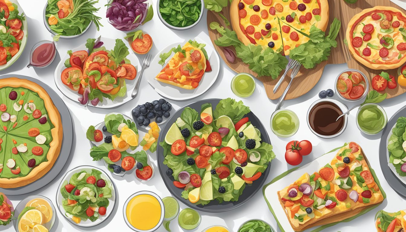 A table set with a variety of colorful and fresh appetizers, including salads, veggies, and fruit, with the California Pizza Kitchen logo visible