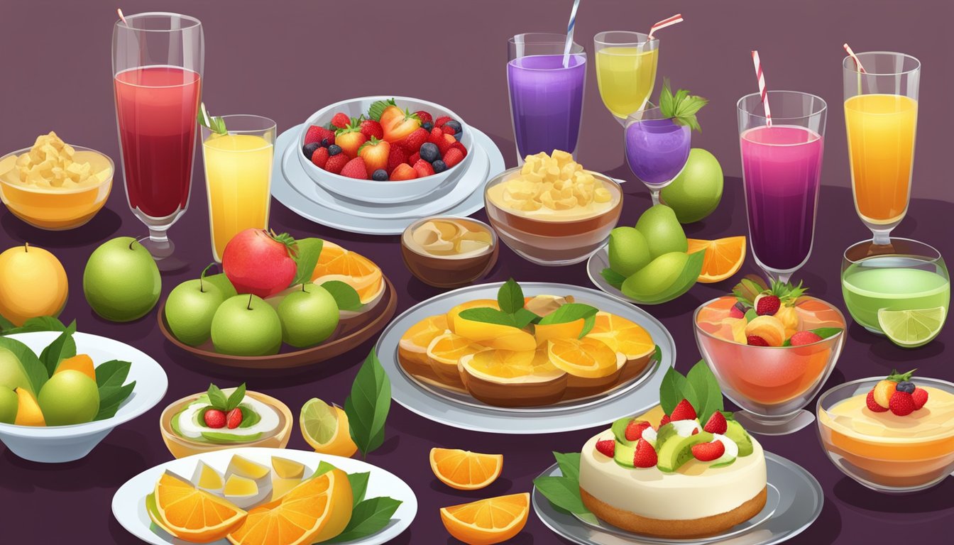 A table set with colorful, fresh fruit platters and a variety of traditional Indian desserts, accompanied by a selection of refreshing and healthy beverages